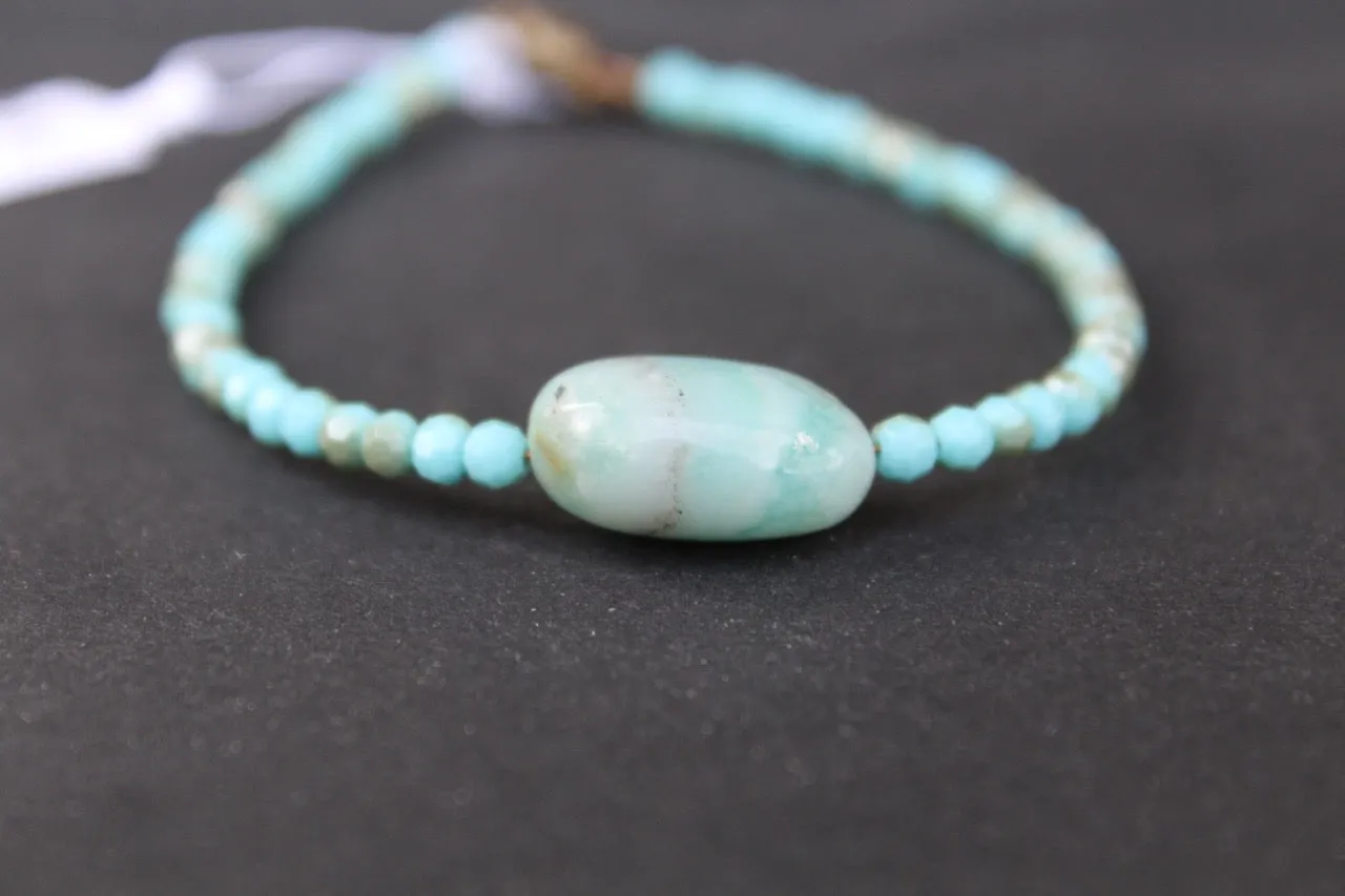 7 1/2 Small Faceted Glass Beads, Aqua Mix with single Amazonite Stone Bracelet