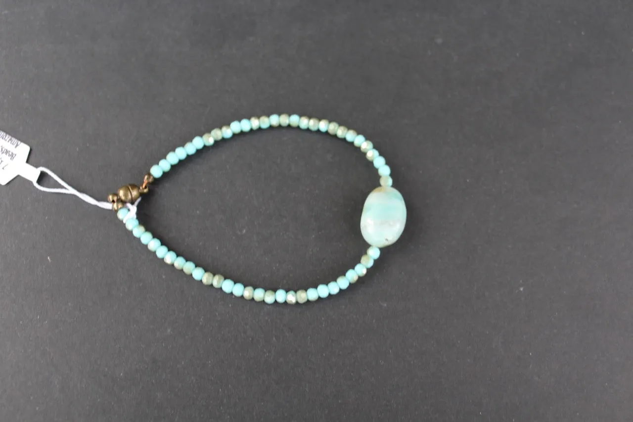 7 1/2 Small Faceted Glass Beads, Aqua Mix with single Amazonite Stone Bracelet