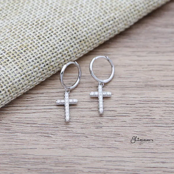 925 Sterling Silver One-Touch Hoop Earrings with Dangle C.Z Cross