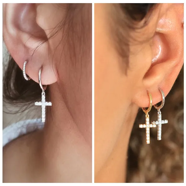 925 Sterling Silver One-Touch Hoop Earrings with Dangle C.Z Cross