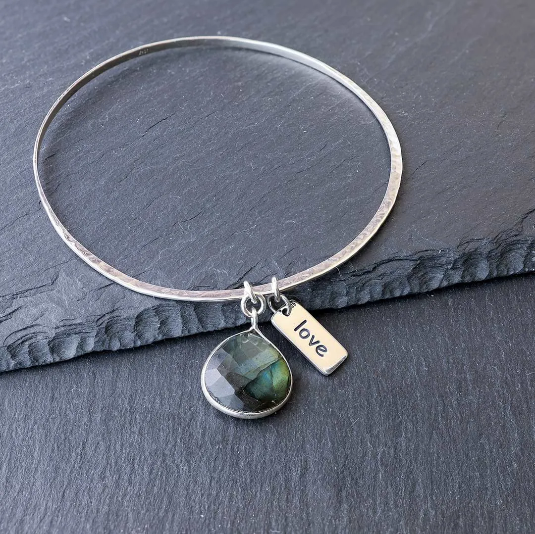 A Bangle of Wishes - Labradorite Empowerment Silver Word Charm Bangle Bracelet