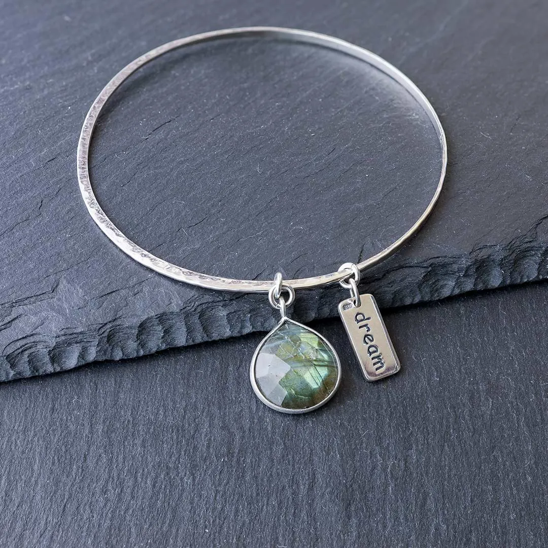 A Bangle of Wishes - Labradorite Empowerment Silver Word Charm Bangle Bracelet