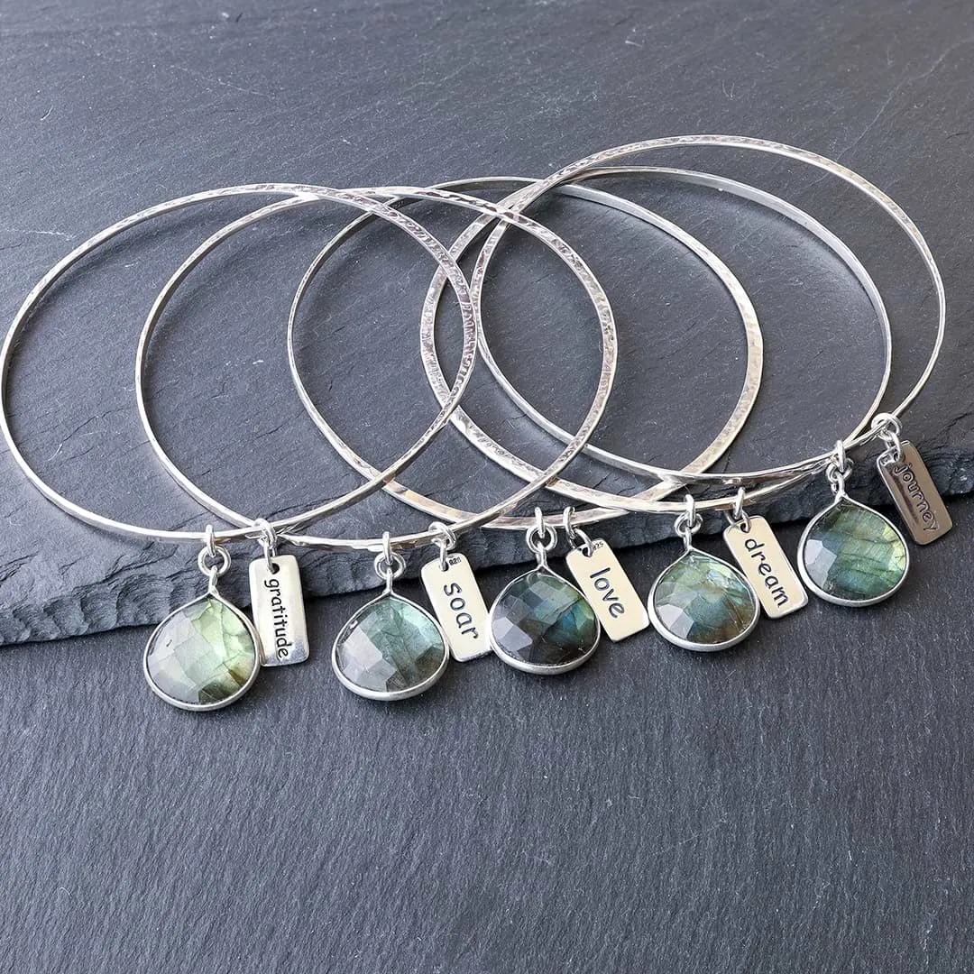 A Bangle of Wishes - Labradorite Empowerment Silver Word Charm Bangle Bracelet