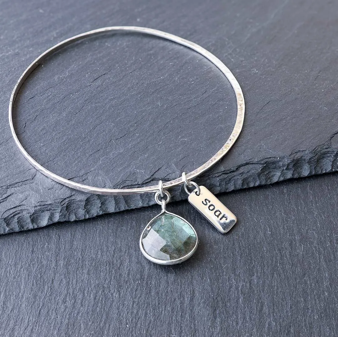 A Bangle of Wishes - Labradorite Empowerment Silver Word Charm Bangle Bracelet