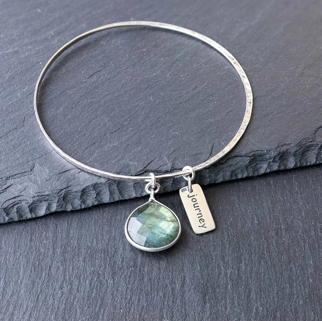 A Bangle of Wishes - Labradorite Empowerment Silver Word Charm Bangle Bracelet