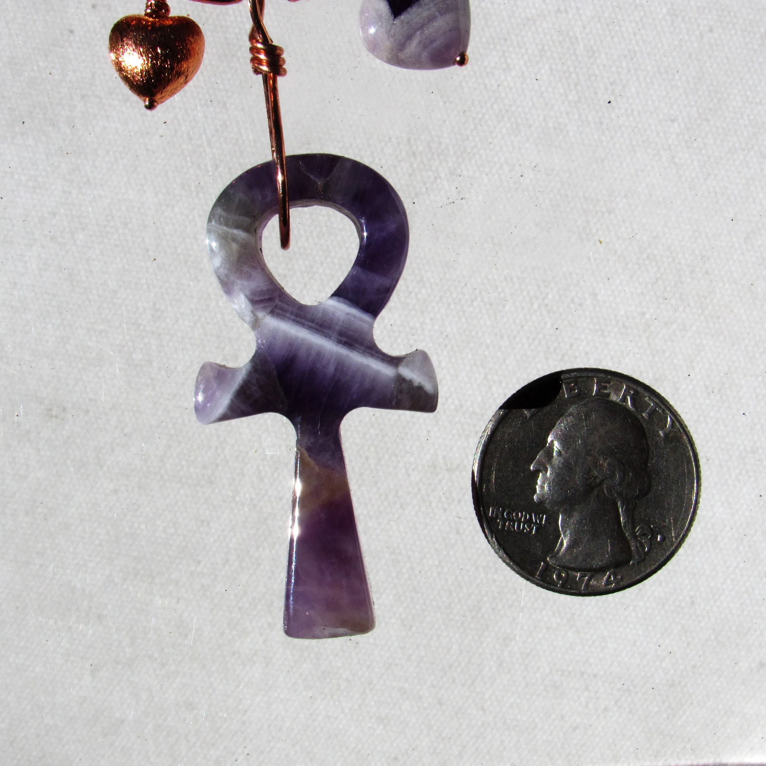 Amethyst gemstone carved Ankh pendant with copper on leather necklace