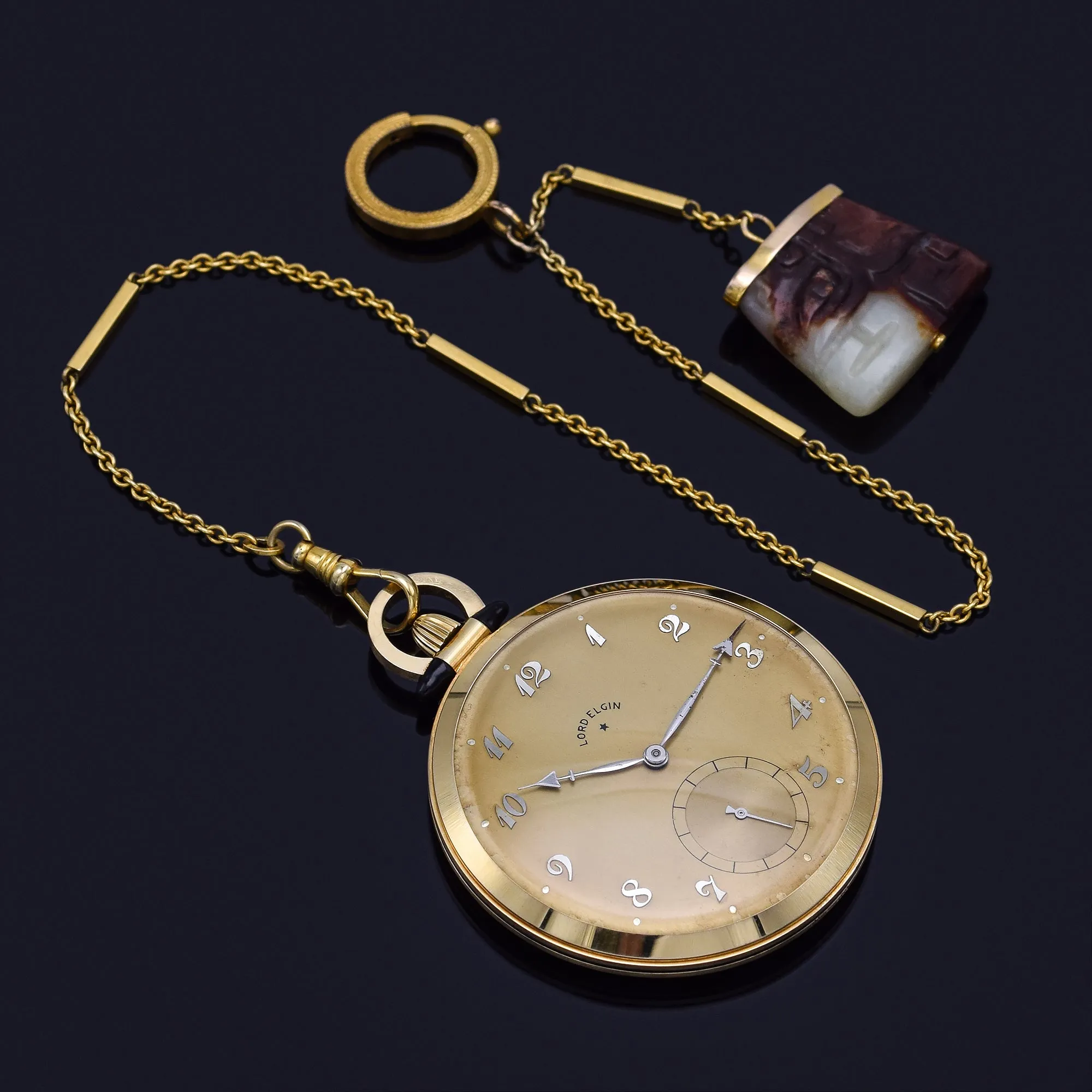 Antique 1941 Lord Elgin 14K Gold 21J 5 Pos Size 10S Pocket Watch  10K Jade Chain