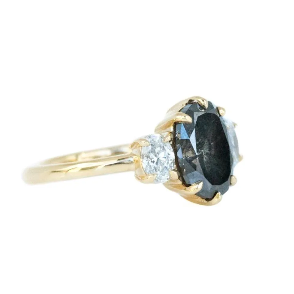 Antique Inspired Three Stone Oval Black Diamond Ring in Yellow Gold