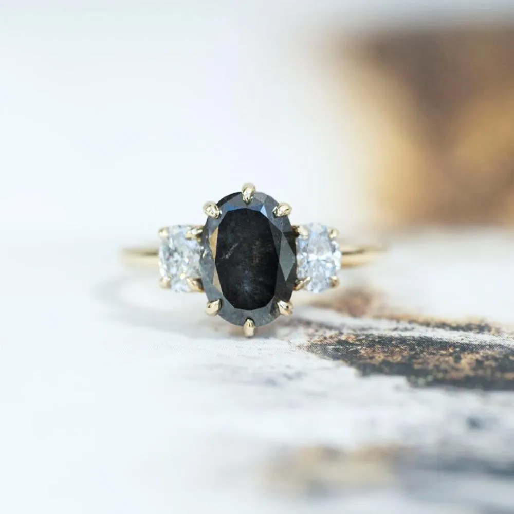 Antique Inspired Three Stone Oval Black Diamond Ring in Yellow Gold