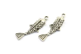 Antique Silver Koi Fish Charm, 6 Antique Silver Plated Brass Koi Fish Pendants, Jewelry Supplies, Findings (27x8mm) N0422