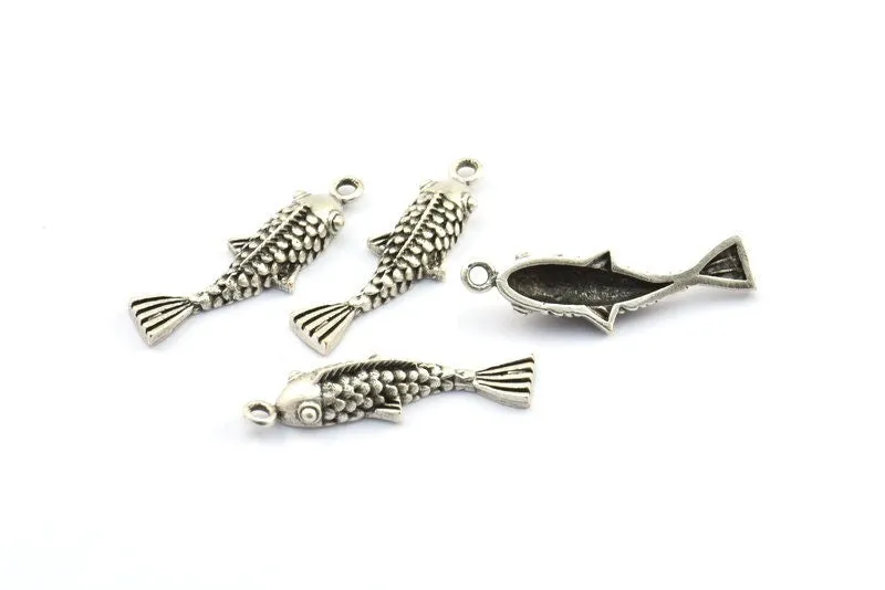 Antique Silver Koi Fish Charm, 6 Antique Silver Plated Brass Koi Fish Pendants, Jewelry Supplies, Findings (27x8mm) N0422