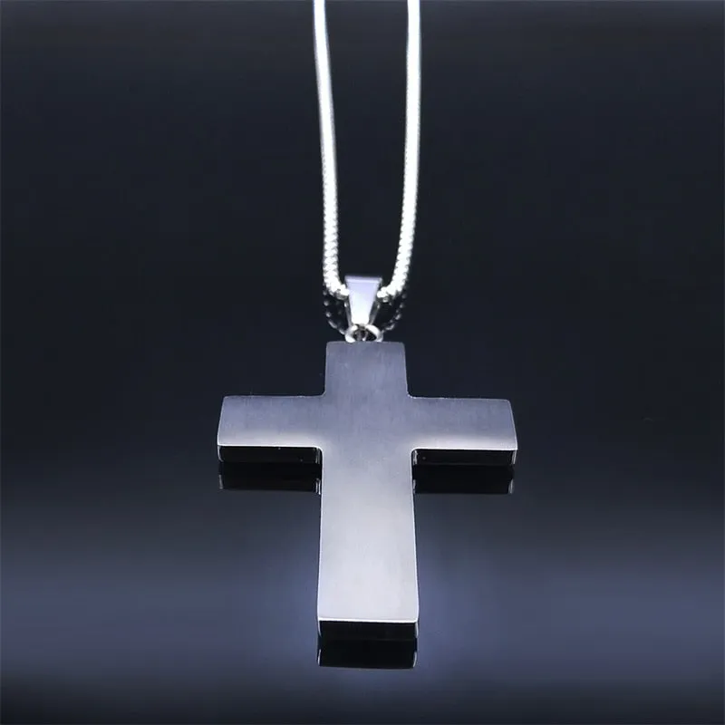 Big Wide Stainless Steel Micro-Pave Bling Cross Pendant Necklace