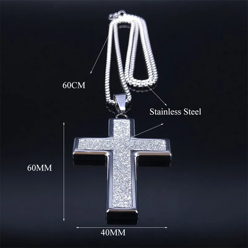 Big Wide Stainless Steel Micro-Pave Bling Cross Pendant Necklace