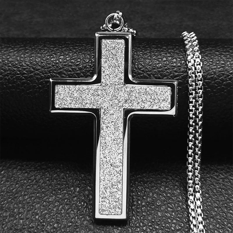 Big Wide Stainless Steel Micro-Pave Bling Cross Pendant Necklace