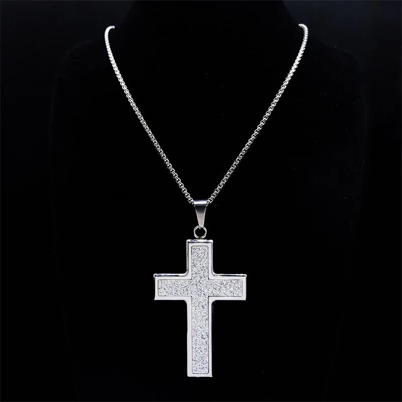 Big Wide Stainless Steel Micro-Pave Bling Cross Pendant Necklace