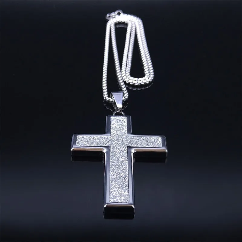 Big Wide Stainless Steel Micro-Pave Bling Cross Pendant Necklace