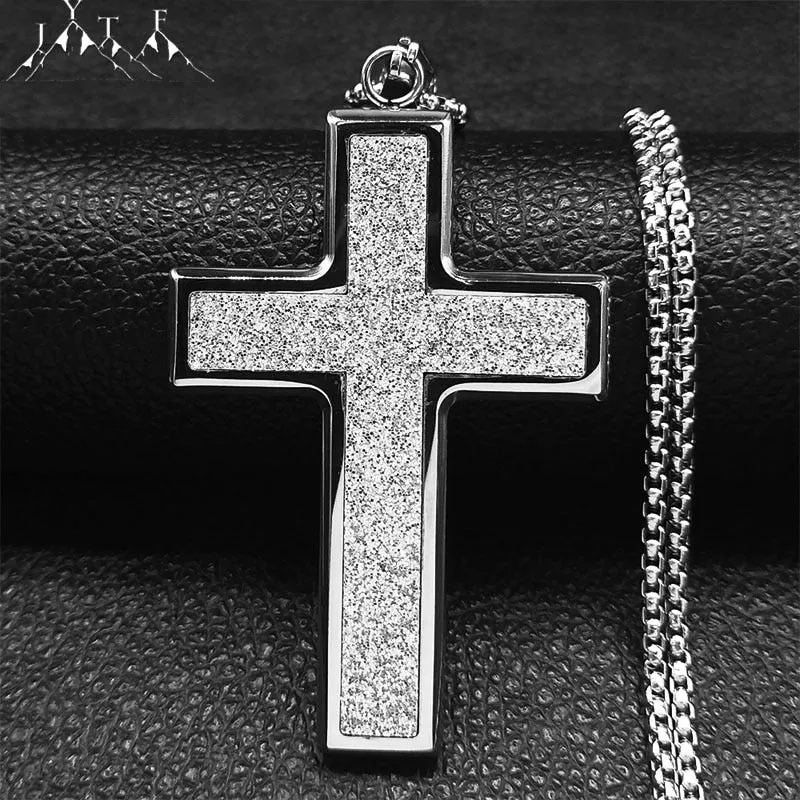 Big Wide Stainless Steel Micro-Pave Bling Cross Pendant Necklace