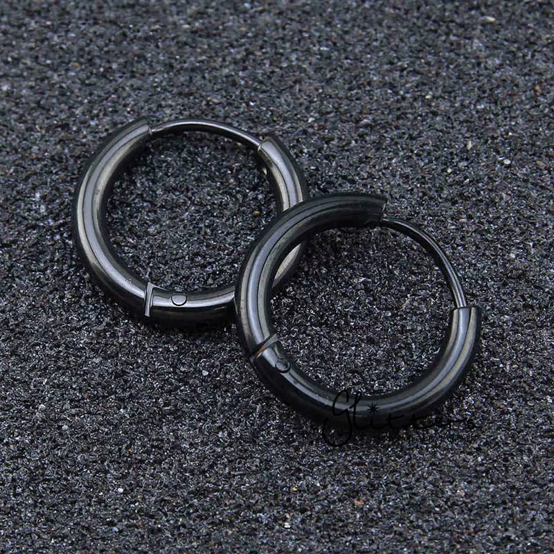 Black Titanium I.P Stainless Steel Round Huggie Hoop Earrings