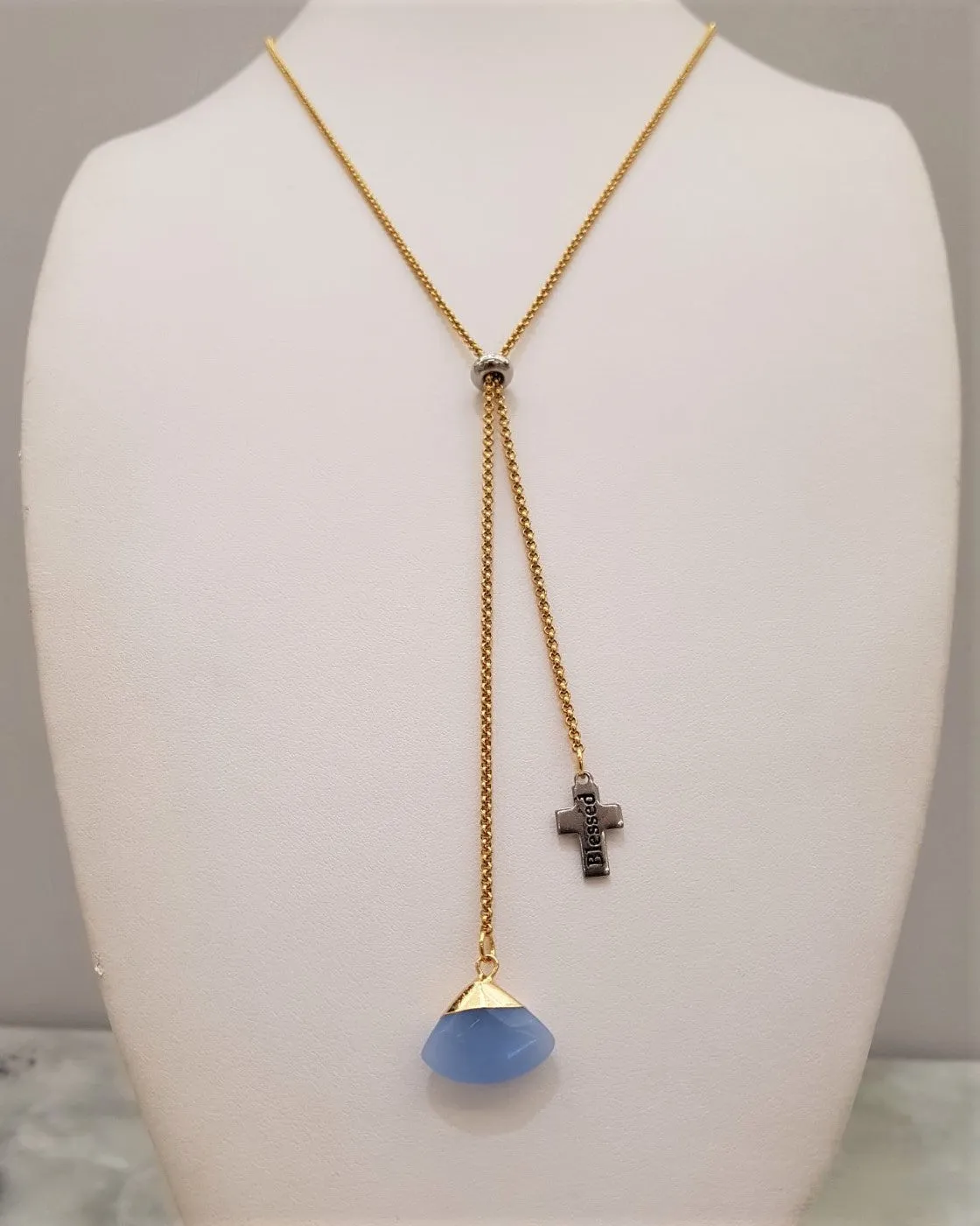 Blue Jade Fan Cross Affirmation Slider Necklace