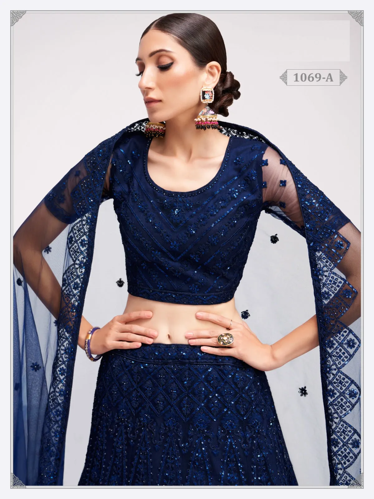 Blue Net Embroidery Semi Stitched Lehenga