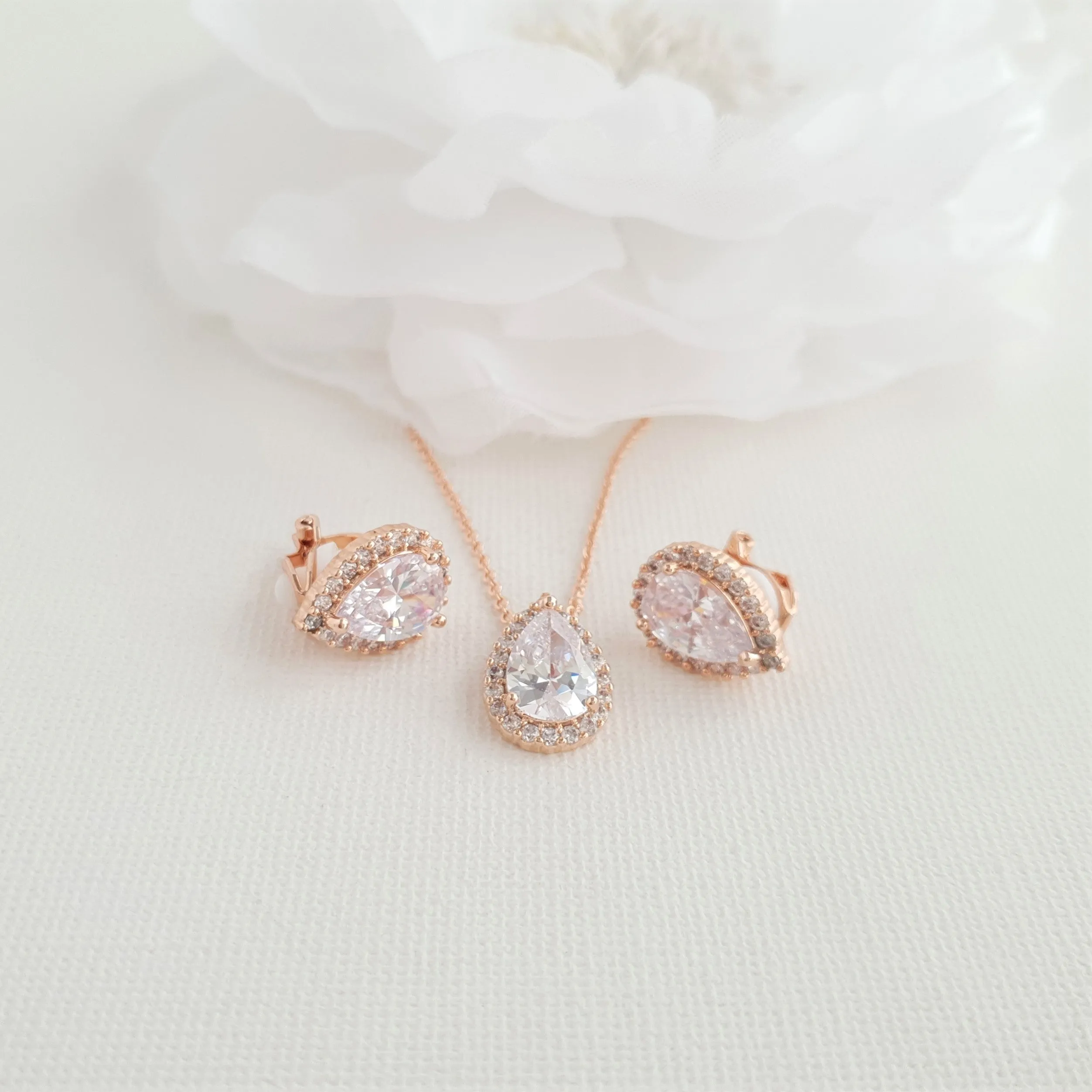 Bridesmaids Jewelry Set with Clip On Earrings Silver- Emma