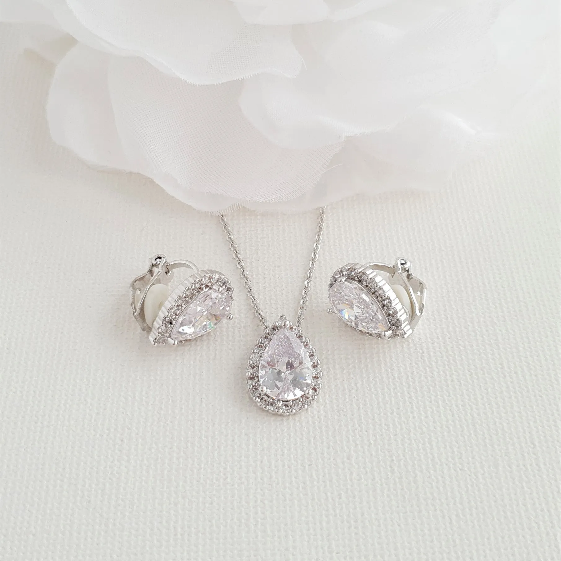 Bridesmaids Jewelry Set with Clip On Earrings Silver- Emma