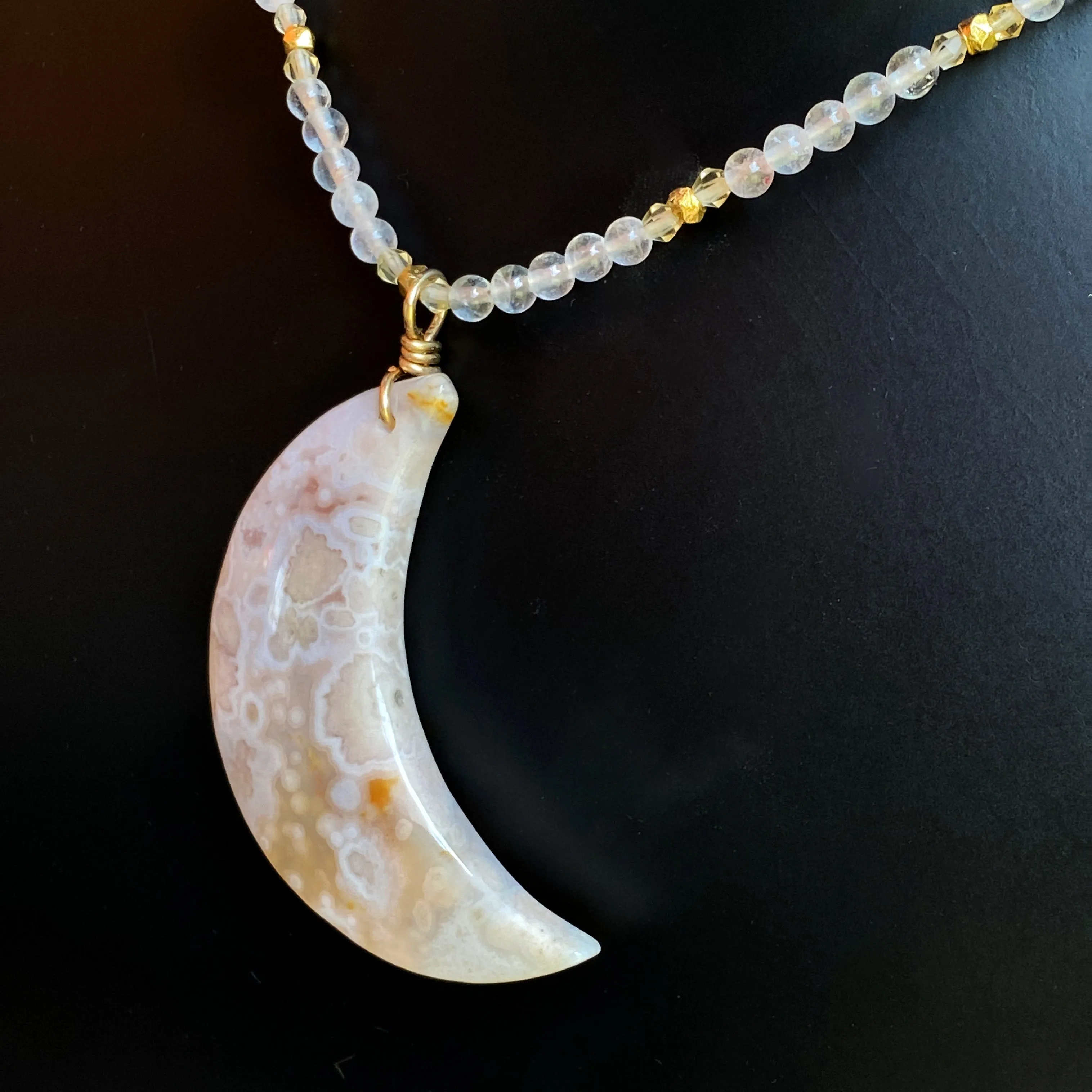 Cherry blossom agate moon pendant, on  Rose quartz, citrine, 14 kt GF necklace