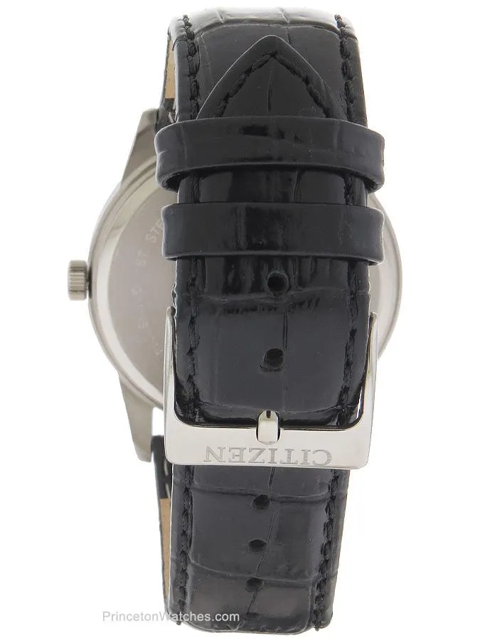 Citizen Mens Quartz Dress Watch - Black Leather Strap - Silver/White Dial - Date