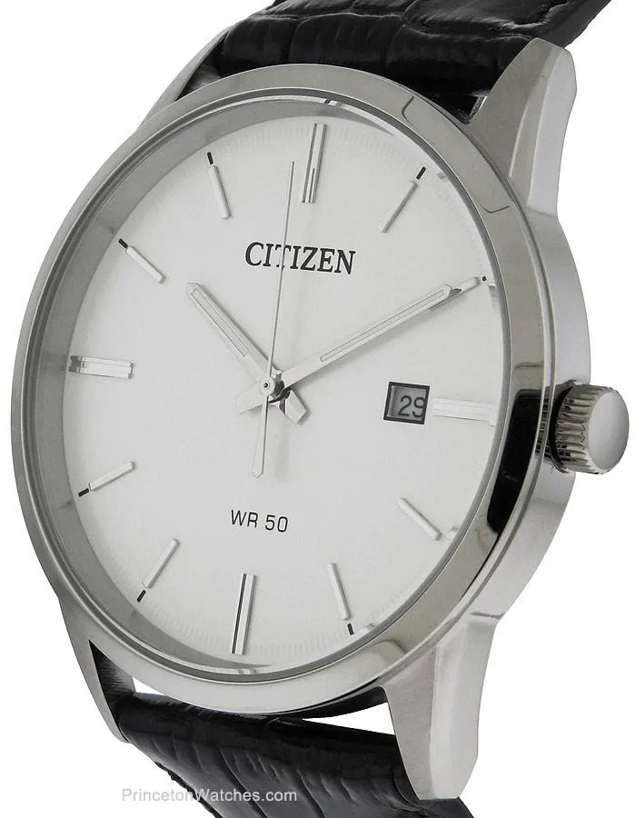 Citizen Mens Quartz Dress Watch - Black Leather Strap - Silver/White Dial - Date