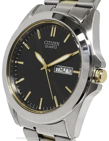 Citizen Quartz Mens Two-Tone Day/Date Watch - Black Dial - Bracelet