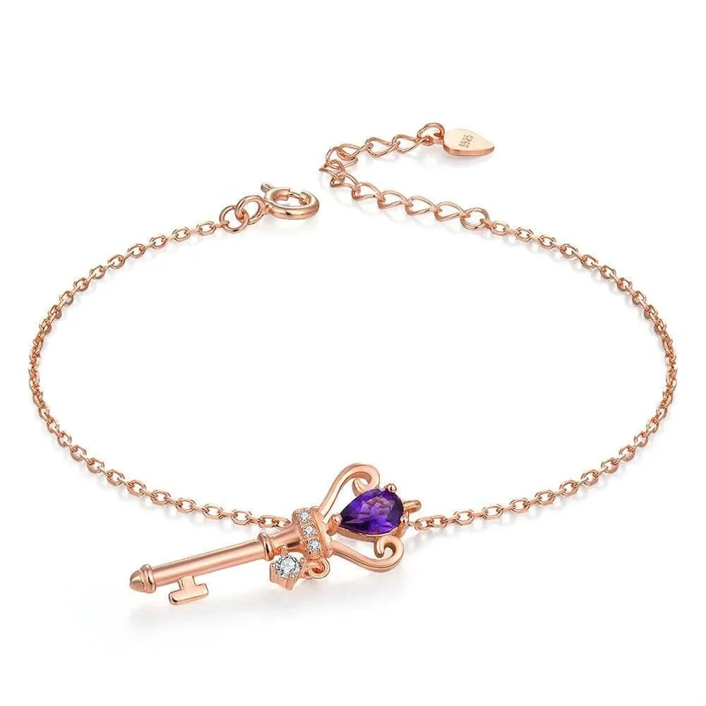 Crown Key 6x4mm 0.4ct Natural Teardrop Amethyst Charm Bracelet