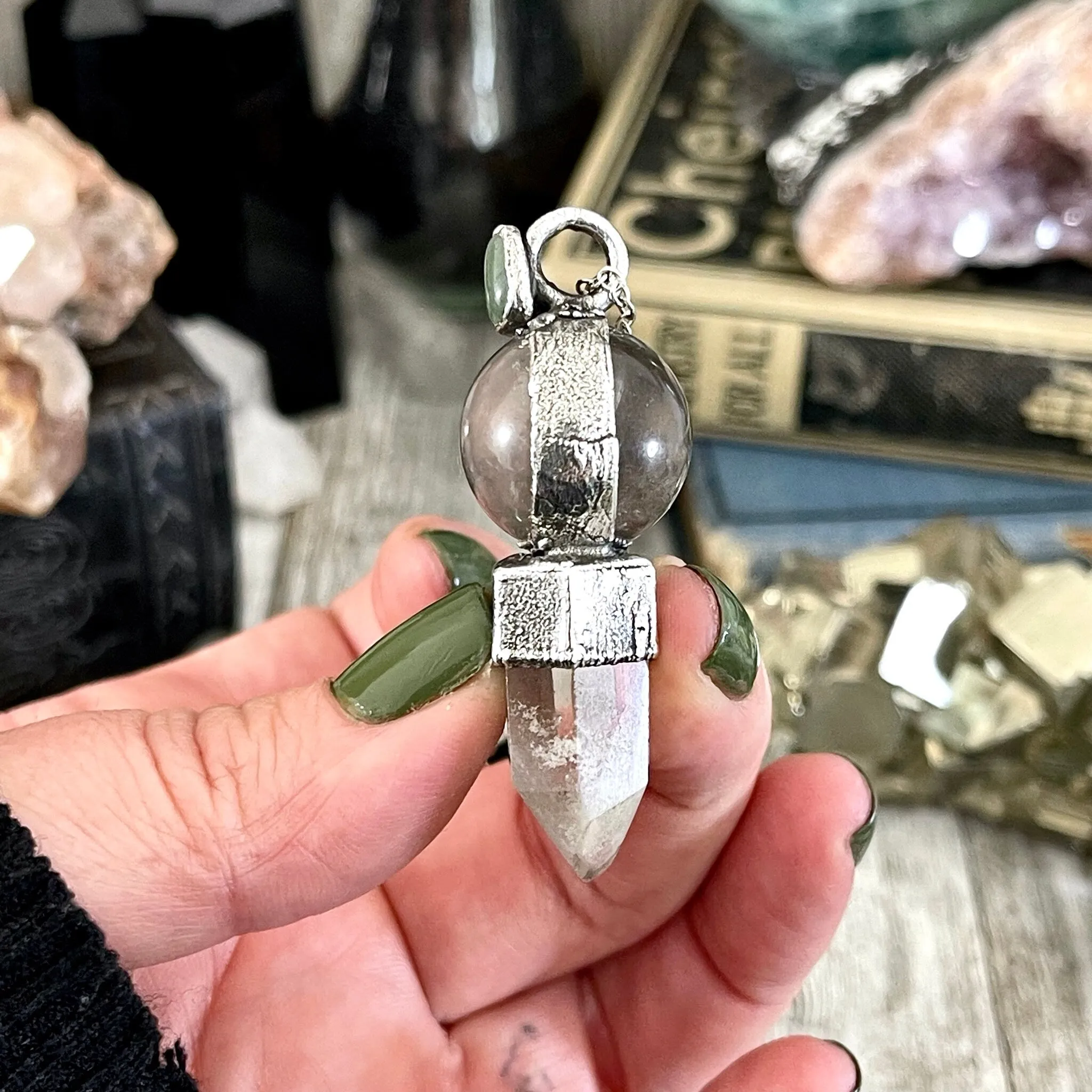 Crystal Necklace - Smoky Quartz Ball, Garden Quartz Point and Aventurine set in Fine Silver / One of a Kind - by Foxlark