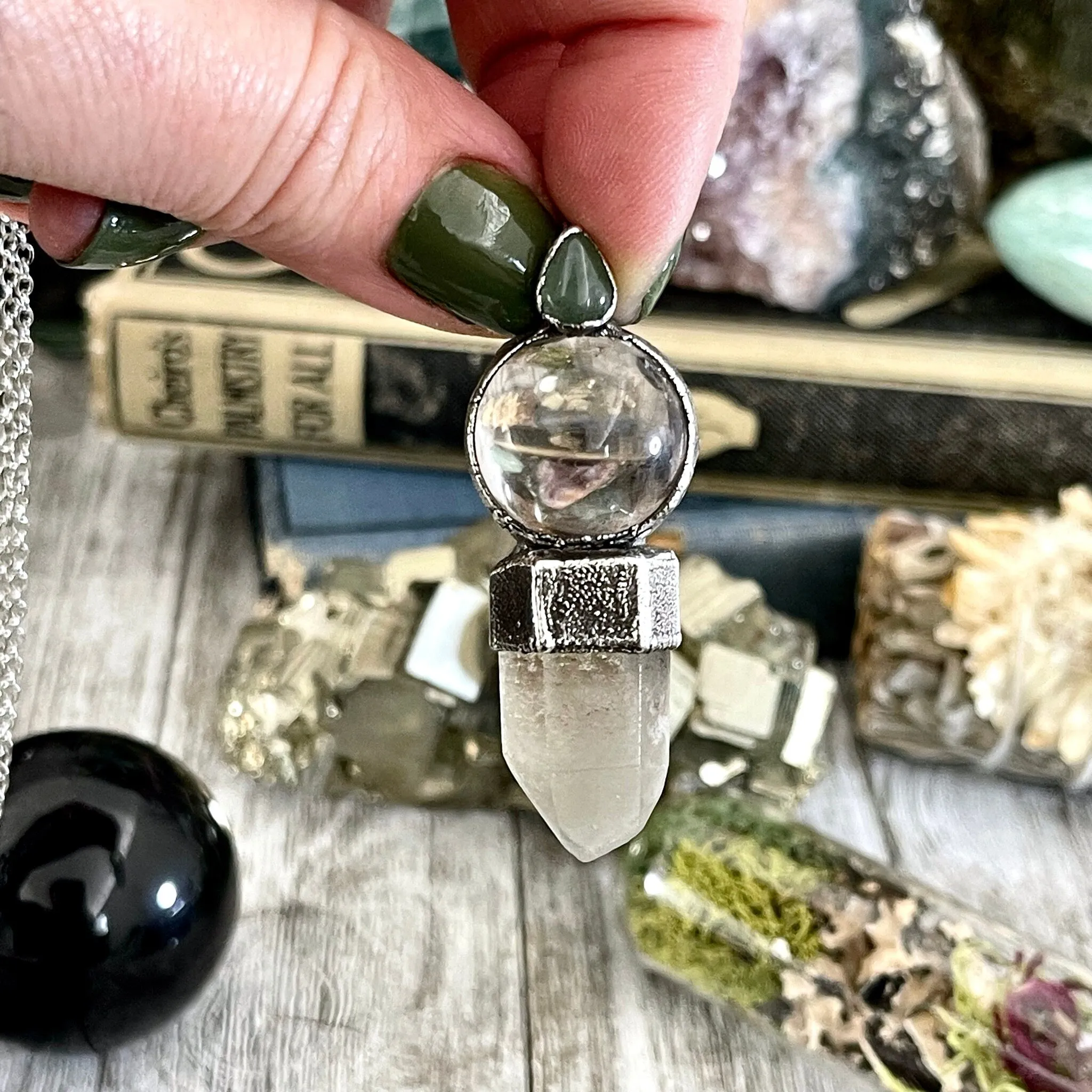 Crystal Necklace - Smoky Quartz Ball, Garden Quartz Point and Aventurine set in Fine Silver / One of a Kind - by Foxlark