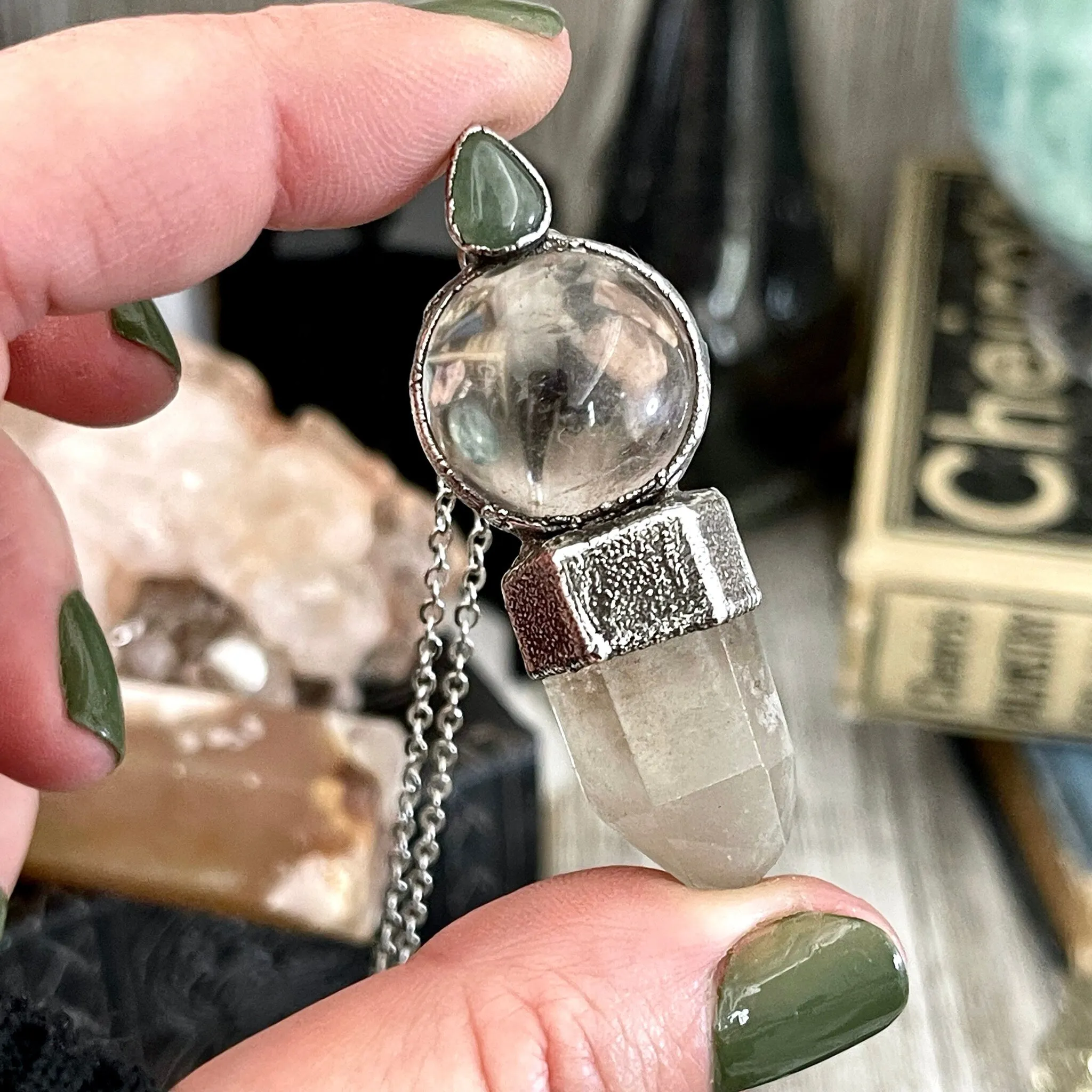 Crystal Necklace - Smoky Quartz Ball, Garden Quartz Point and Aventurine set in Fine Silver / One of a Kind - by Foxlark