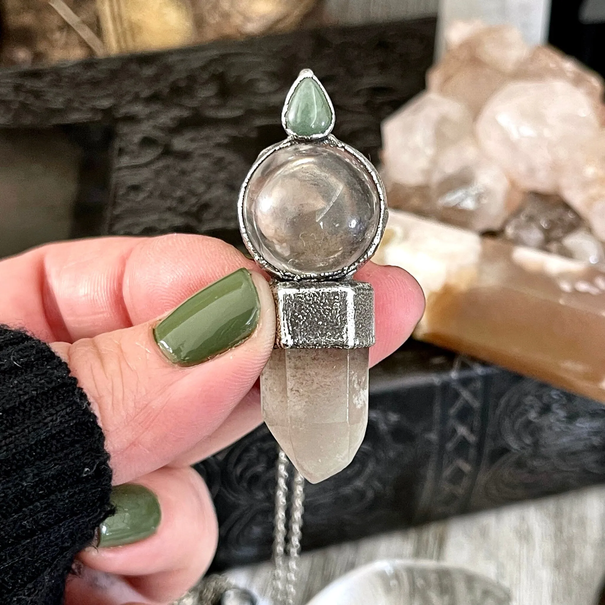 Crystal Necklace - Smoky Quartz Ball, Garden Quartz Point and Aventurine set in Fine Silver / One of a Kind - by Foxlark