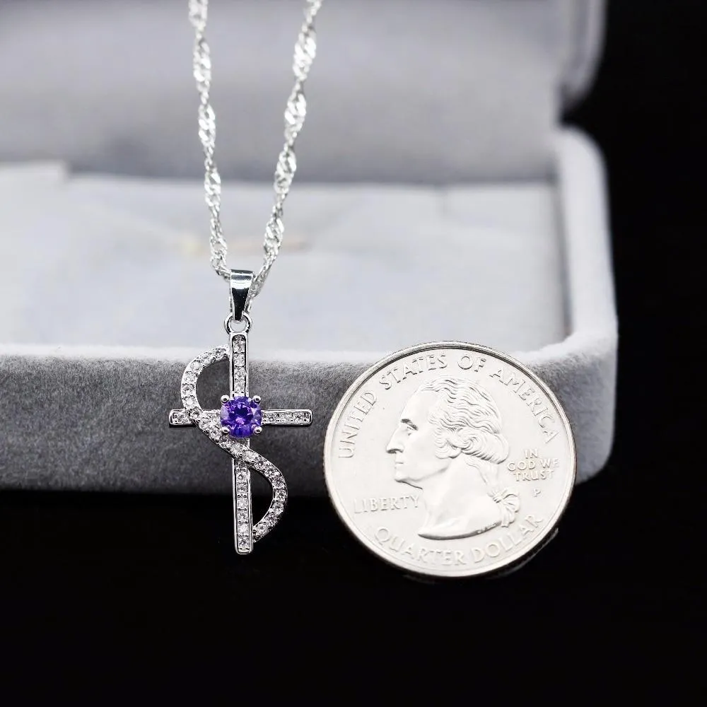 Cubic Zirconia Silver Cross with Wave Accent Necklace