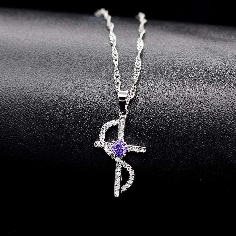 Cubic Zirconia Silver Cross with Wave Accent Necklace