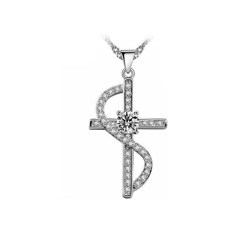 Cubic Zirconia Silver Cross with Wave Accent Necklace