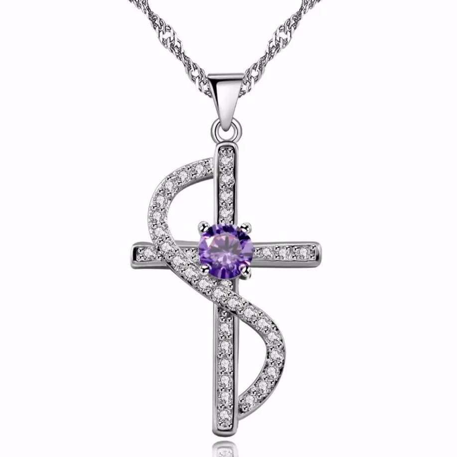 Cubic Zirconia Silver Cross with Wave Accent Necklace