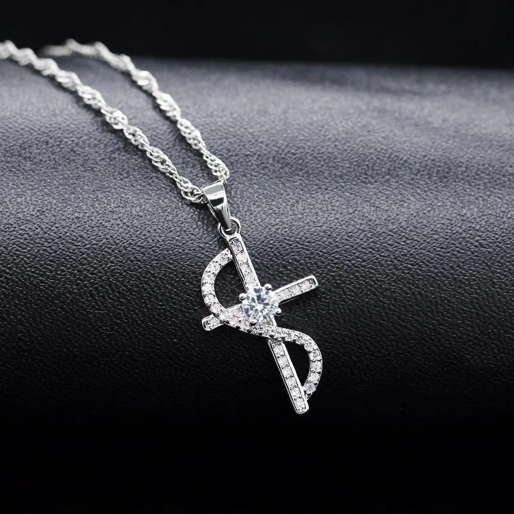 Cubic Zirconia Silver Cross with Wave Accent Necklace