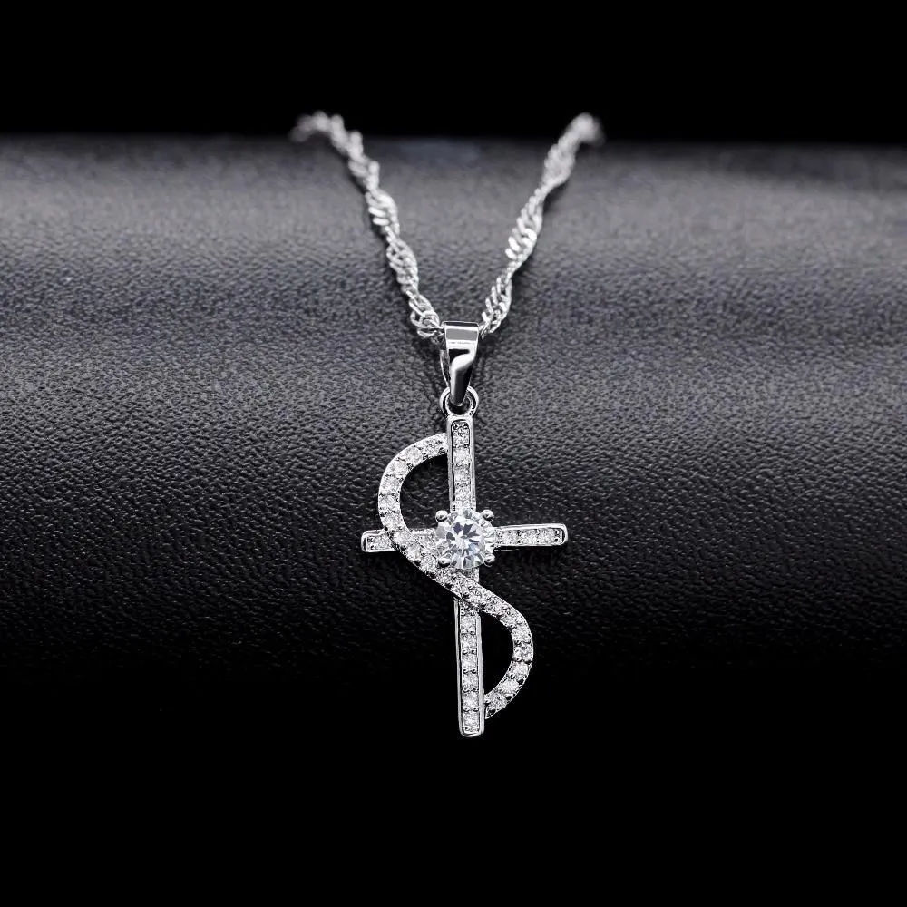 Cubic Zirconia Silver Cross with Wave Accent Necklace