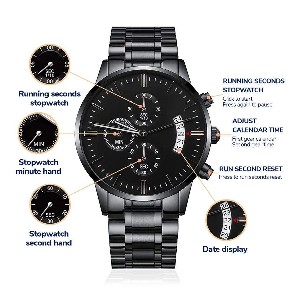 Custom Text Engraved Black Chronograph Watch For Men