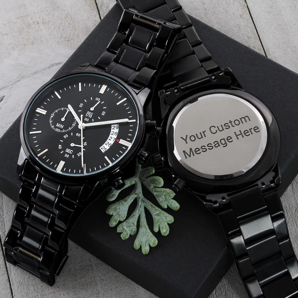 Custom Text Engraved Black Chronograph Watch For Men