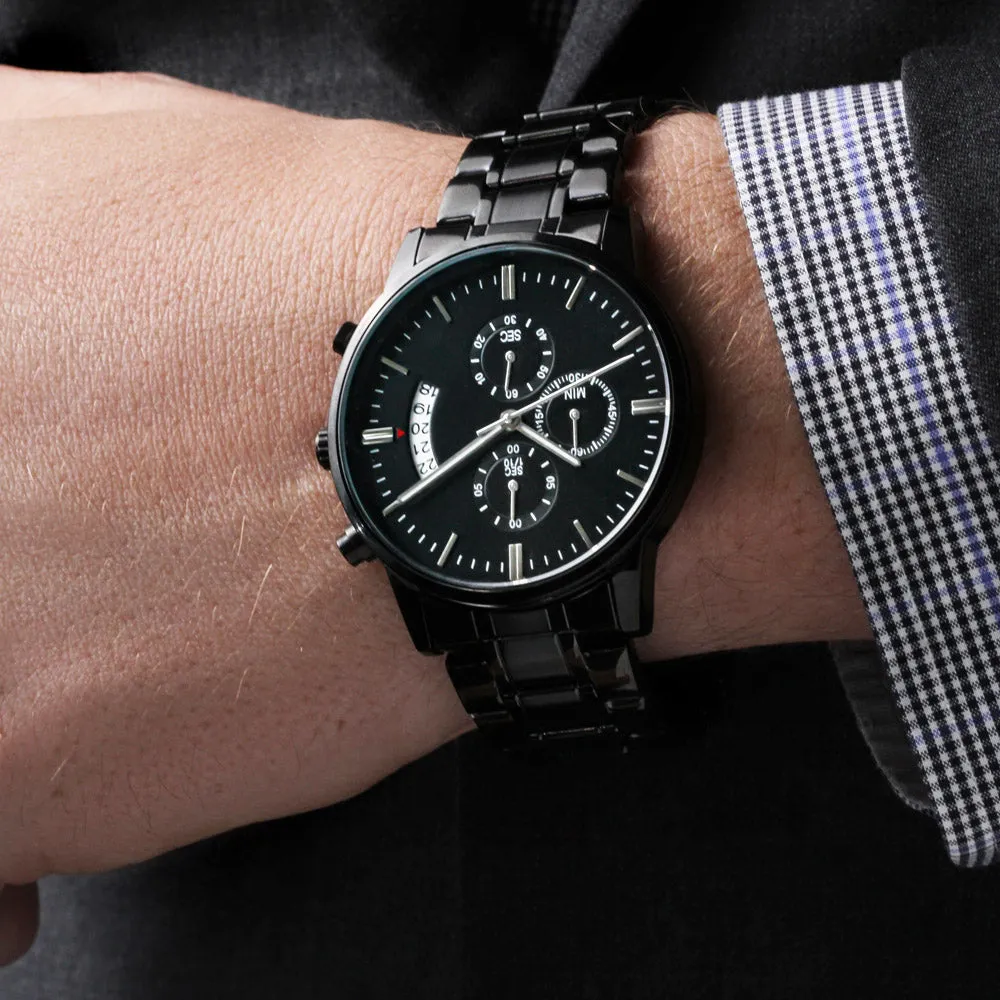 Custom Text Engraved Black Chronograph Watch For Men