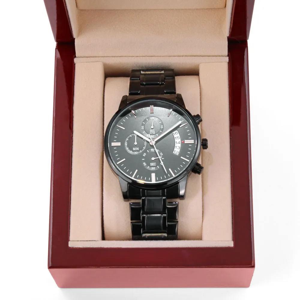 Custom Text Engraved Black Chronograph Watch For Men