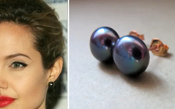 Dark Pearl Stud Earrings - Peacock Pearl Button Stud Earrings