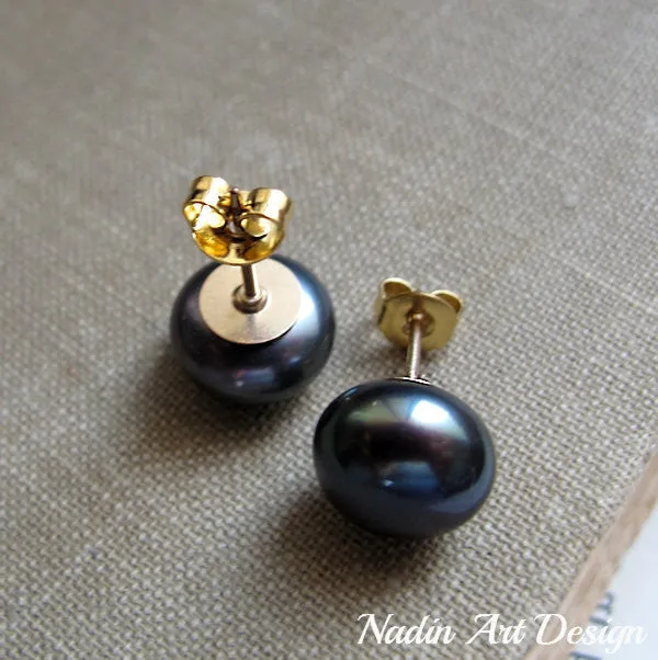 Dark Pearl Stud Earrings - Peacock Pearl Button Stud Earrings