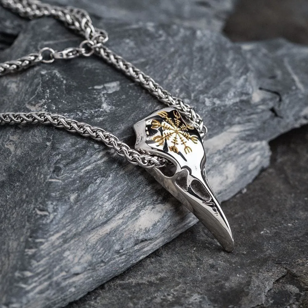 Dual Color Stainless Steel Raven Skull and Helm of Awe Pendant