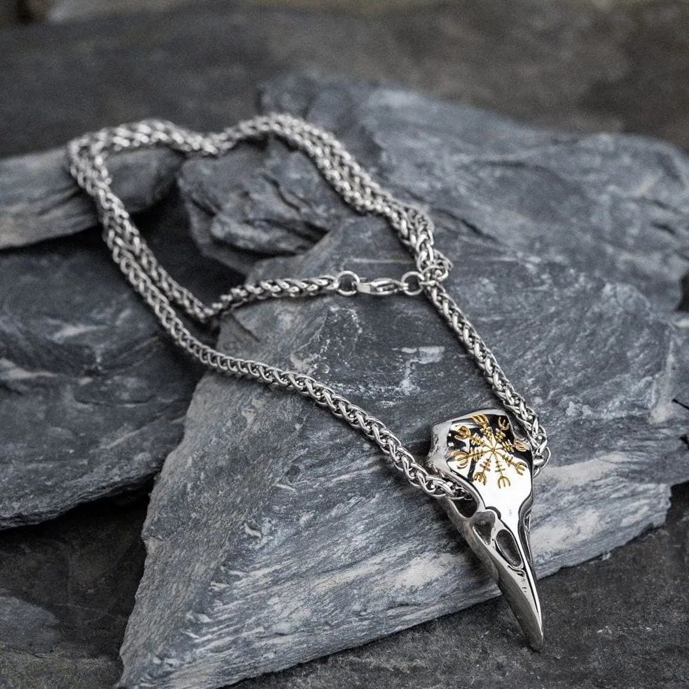 Dual Color Stainless Steel Raven Skull and Helm of Awe Pendant