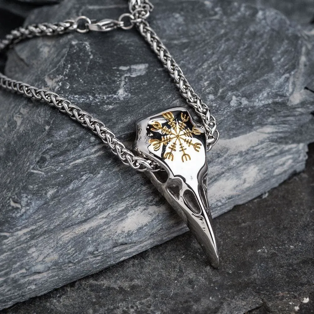 Dual Color Stainless Steel Raven Skull and Helm of Awe Pendant